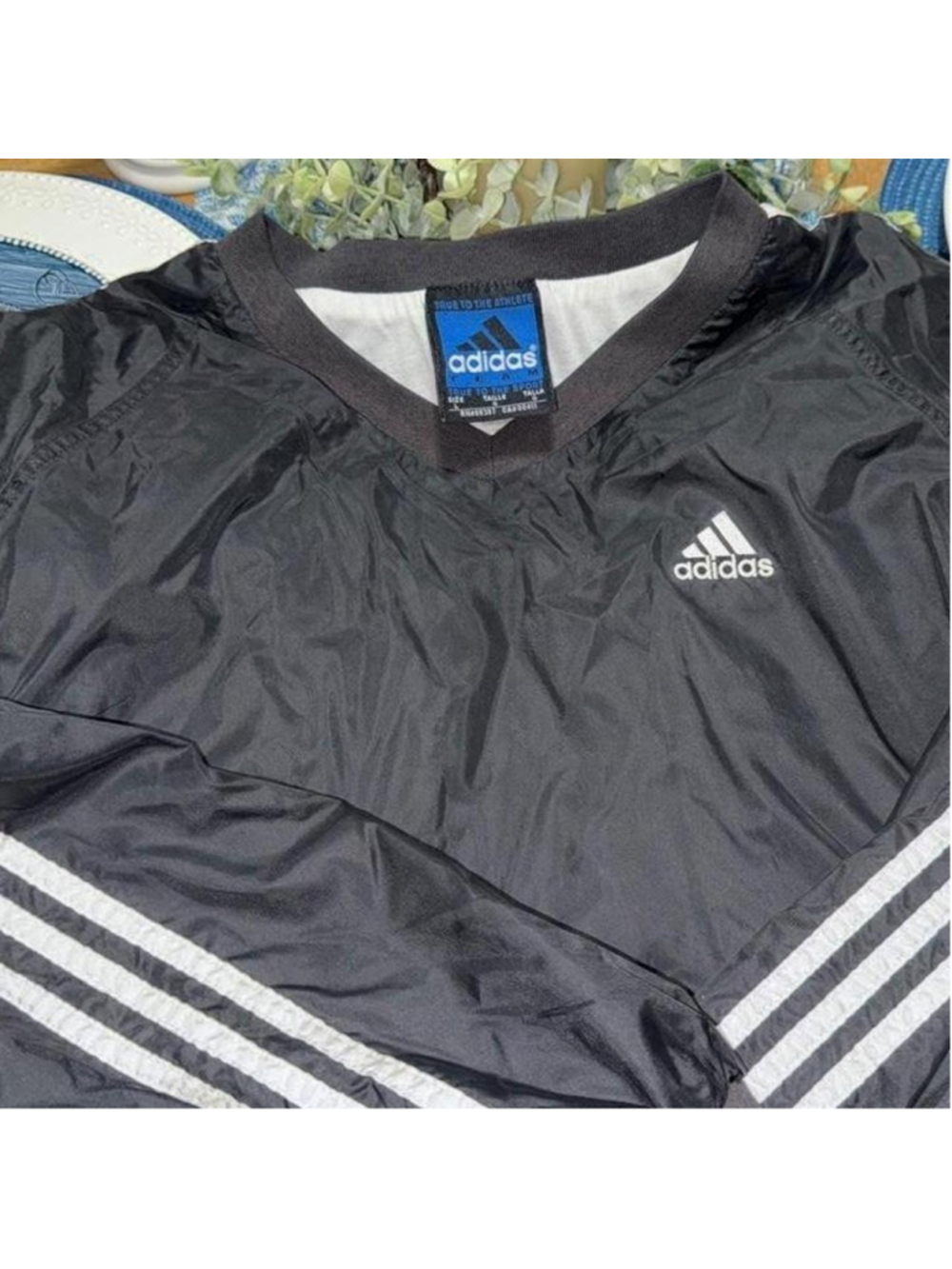 Vintage Adidas black windbreaker jacket with white stripes